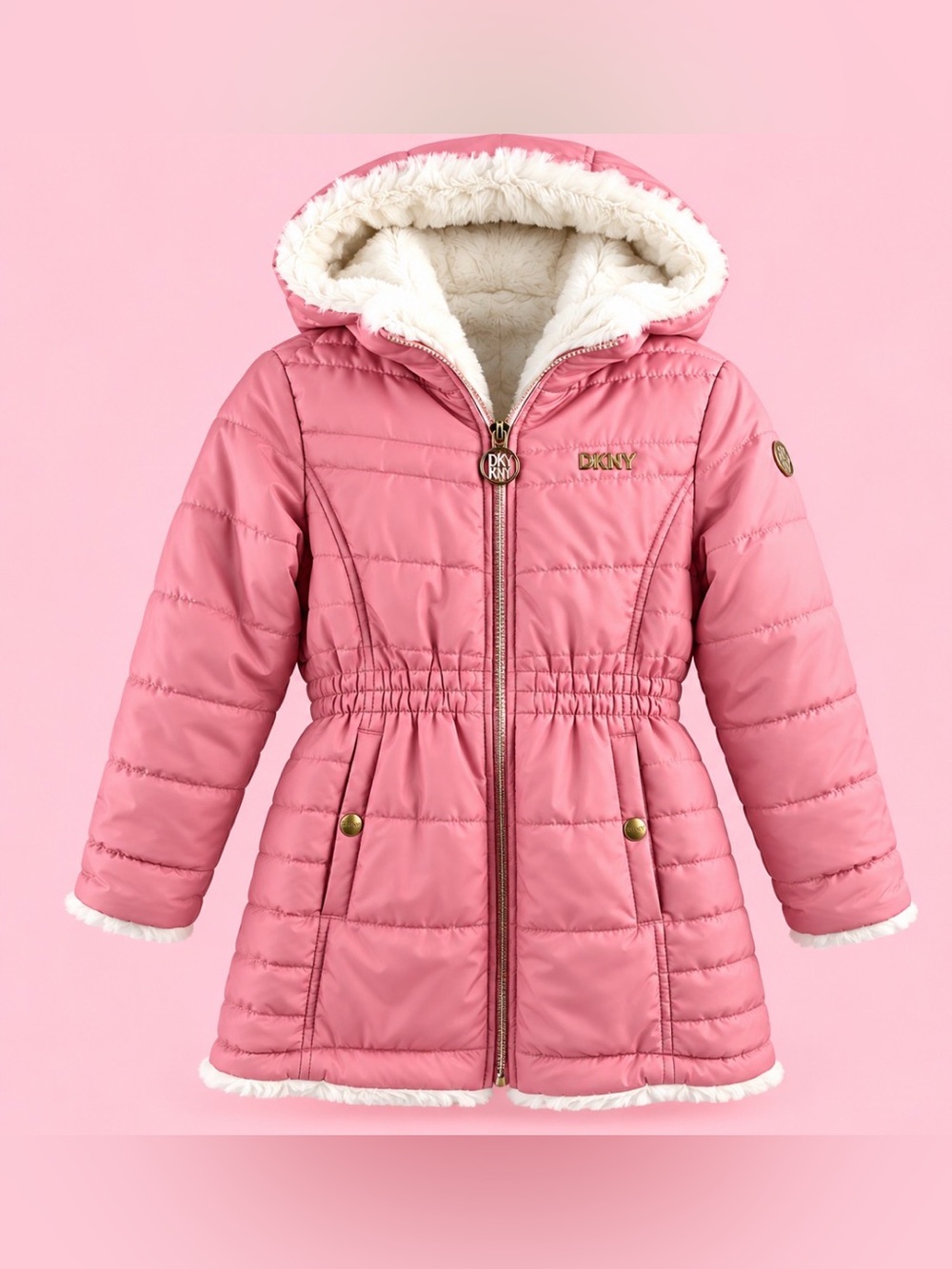 DKNY Girls Reversible Pink Puffer Ivory Faux Fur Hooded Coat